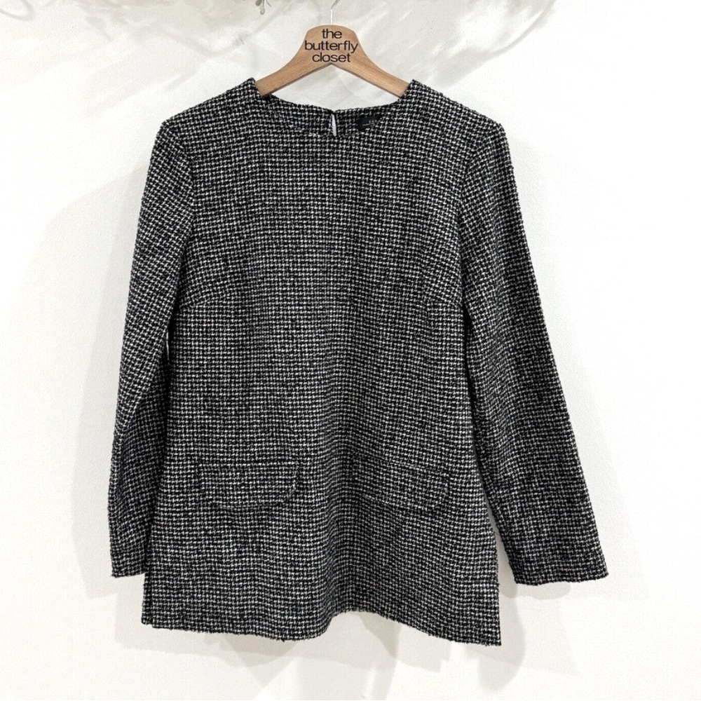 Zara Black White Tweed houndstooth Long Sleeve Blouse Medium